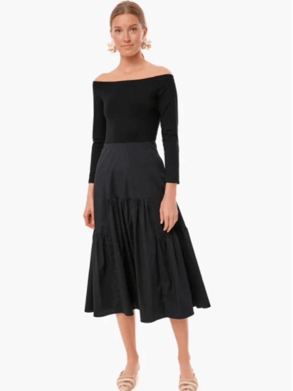 Tuckernuck Black Marissa Midi Dress Fit and Flare Off-the-Shoulder sz S